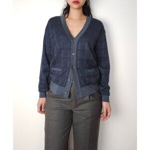 Vintage wool grandpa pattern classic v neck knit cardigan navy, dark blue
